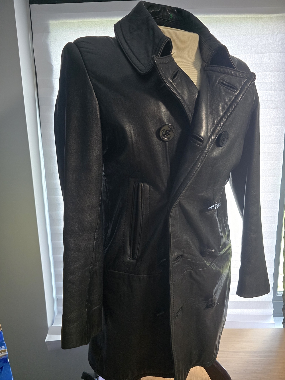 Men's Or Women's Black Leather Double-Breasted Pea Coat